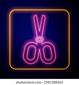 Glowing neon Scissors icon isolated on black background. Tailor symbol. Cutting tool sign.  Vector