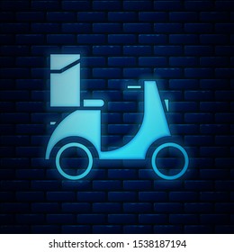 Glowing neon Scooter delivery icon isolated on brick wall background. Delivery service concept.  Vector Illustration