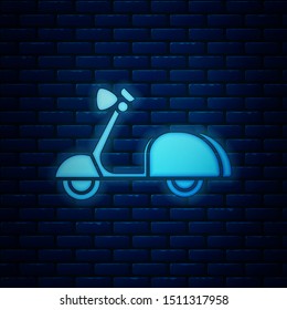 Glowing neon Scooter icon isolated on brick wall background.  Vector Illustration