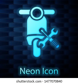 Glowing neon Scooter with screwdriver and wrench icon isolated on brick wall background. Adjusting, service, setting, maintenance, repair, fixing.  Vector Illustration