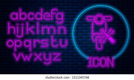 Glowing neon Scooter with screwdriver and wrench icon isolated on brick wall background. Adjusting, service, setting, maintenance, repair, fixing. Neon light alphabet. Vector Illustration