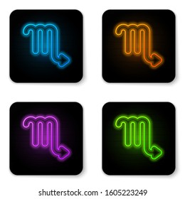 Glowing neon Scorpio zodiac sign icon isolated on white background. Astrological horoscope collection. Black square button. Vector Illustration