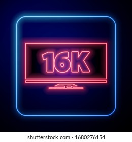 Glowing neon Screen tv with 16k Ultra HD video technology icon isolated on blue background.  Vector Illustration