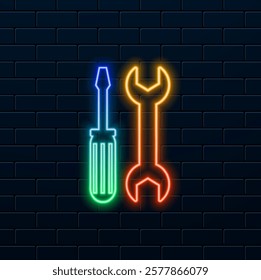 Glowing neon screwdriver and screwdriver icon isolated on blue background. Service Tool Symbol.