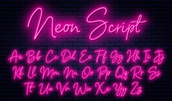 Glowing Neon Script Alphabet. Neon Font With Uppercase And Lowercase Letters. Handwritten English Alphabet With Neon Light Effect. Vector