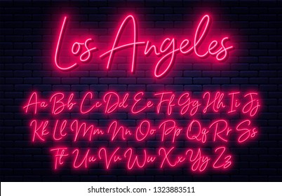 Glowing neon script alphabet. Neon font with uppercase and lowercase letters. Handwritten english alphabet with neon light effect - Shutterstock ID 1323883511