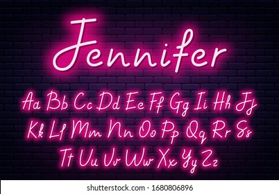 Glowing neon script alphabet. Neon font with uppercase and lowercase letters. Handwritten english alphabet with neon light effect. Vector