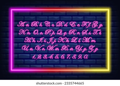 Glowing neon script alphabet. Neon font with uppercase and lowercase letters. Handwritten english alphabet