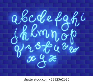 Glowing Neon Script Alphabet Illuminated Concept. Vector illustration of Blue Neon Font with Lowercase Letters Typeface.