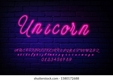Glowing neon script alphabet. Red Neon font with uppercase and lowercase letters. Handwritten english alphabet with neon light effect