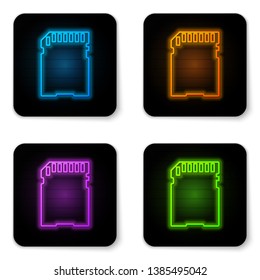 Glowing neon SD card icon isolated on white background. Memory card. Adapter icon. Black square button. Vector Illustration