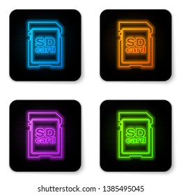 Glowing neon SD card icon isolated on white background. Memory card. Adapter icon. Black square button. Vector Illustration