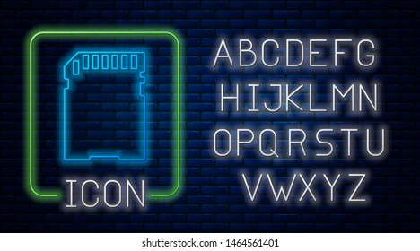 Glowing neon SD card icon isolated on brick wall background. Memory card. Adapter icon. Neon light alphabet. Vector Illustration