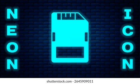 Glowing neon SD card icon isolated on brick wall background. Memory card. Adapter icon.  Vector