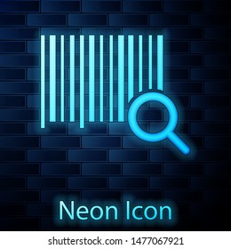 Glowing neon Search barcode icon isolated on brick wall background. Magnifying glass searching barcode. Barcode label sticker. Research barcode.  Vector Illustration