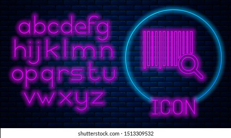 Glowing neon Search barcode icon isolated on brick wall background. Magnifying glass searching barcode. Barcode label sticker. Research barcode. Neon light alphabet. Vector Illustration