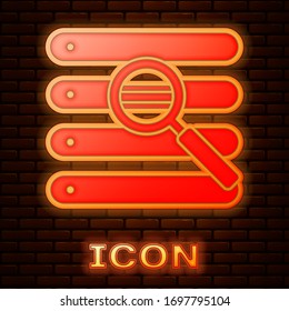 Glowing neon Search in a browser window icon isolated on brick wall background. Vector Illustration