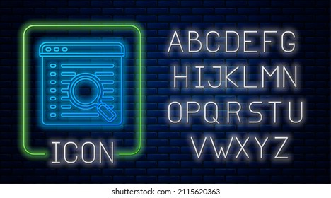 Icono del motor de búsqueda de neón brillante aislado en fondo de pared de ladrillo. Alfabeto de neón claro. Vector