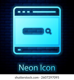 Glowing neon Search engine icon isolated on brick wall background.  Vector