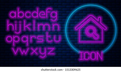 Glowing neon Search house icon isolated on brick wall background. Real estate symbol of a house under magnifying glass. Neon light alphabet. Vector Illustration