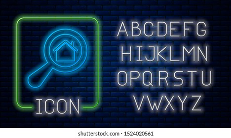Glowing neon Search house icon isolated on brick wall background. Real estate symbol of a house under magnifying glass. Neon light alphabet. Vector Illustration