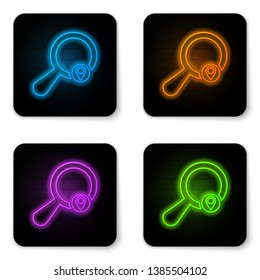 Glowing neon Search location icon isolated on white background. Magnifying glass with pointer sign. Black square button. Vector Illustration