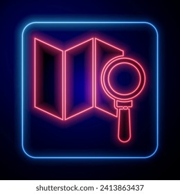 Glowing neon Search location icon isolated on blue background. Magnifying glass with pointer sign.  Vector Illustration