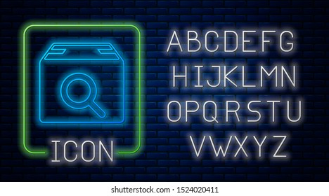 Glowing neon Search package icon isolated on brick wall background. Parcel tracking symbol. Magnifying glass and cardboard box. Logistic and delivery. Neon light alphabet. Vector Illustration