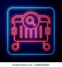 Glowing neon Searching for food in trash can on streets outdoors icon isolated on black background. Homelessness and poverty concept.  Vector