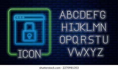 Brillante neón Proteja su sitio con HTTPS, icono SSL aislado en el fondo de la pared de ladrillo. Protocolo de comunicación por Internet. Alfabeto de neón claro. Vector