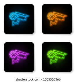 Glowing neon Security camera and gear icon isolated on white background. Adjusting app, service concept, setting options, maintenance, repair, fixing. Black square button. Vector Illustration