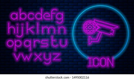 Glowing neon Security camera and gear icon isolated on brick wall background. Adjusting app, service concept, setting options, maintenance, repair, fixing. Neon light alphabet. Vector Illustration
