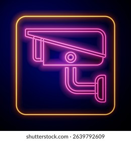 Glowing neon Security camera icon isolated on black background.  Vector