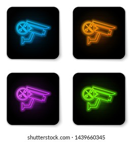 Glowing neon Security camera with screwdriver and wrench icon isolated on white background. Adjusting, service, setting, maintenance, repair, fixing. Black square button. Vector Illustration