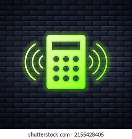 Glowing neon Security system control panel with display icon isolated on brick wall background. Keypad of security system for entering inside.  Vector