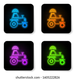 Glowing neon Self driving wireless tractor on a smart farm icon isolated on white background. Smart agriculture implement element. Black square button. Vector Illustration