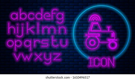 Glowing neon Self driving wireless tractor on a smart farm icon isolated on brick wall background. Smart agriculture implement element. Neon light alphabet. Vector Illustration