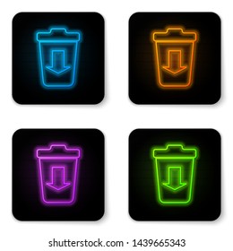 Glowing neon Send to the trash icon isolated on white background. Black square button. Vector Illustration