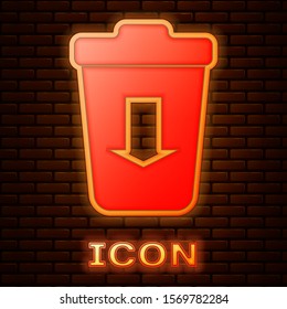 Glowing neon Send to the trash icon isolated on brick wall background.  Vector Illustration