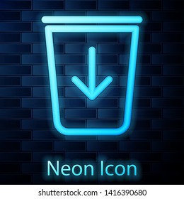 Glowing neon Send to the trash line icon isolated on brick wall background. Vector Illustration