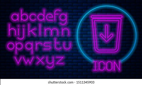 Glowing neon Send to the trash line icon isolated on brick wall background. Neon light alphabet. Vector Illustration