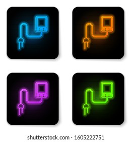 Glowing neon Sensor icon isolated on white background. Black square button. Vector Illustration