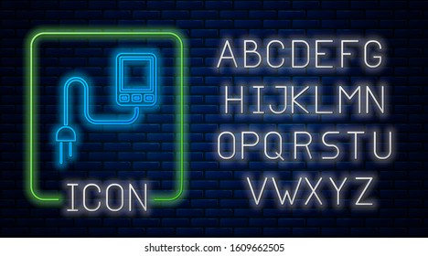 Glowing neon Sensor icon isolated on brick wall background. Neon light alphabet. Vector Illustration