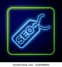 Glowing neon SEO optimization icon isolated on blue background.  Vector