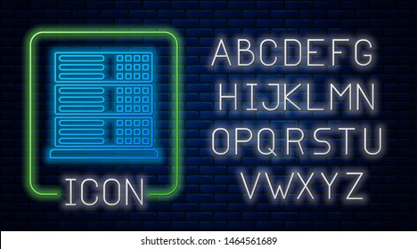 Glowing neon Server, Data, Web Hosting icon isolated on brick wall background. Neon light alphabet. Vector Illustration