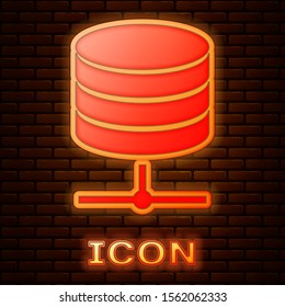 Glowing neon Server, Data, Web Hosting icon isolated on brick wall background.  Vector Illustration