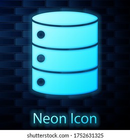 Glowing neon Server, Data, Web Hosting icon isolated on brick wall background. Vector Illustration