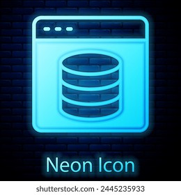Servidor de neón brillante, datos, Web Hosting icono aislado en el fondo de la pared de ladrillo.  Vector
