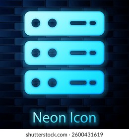 Glowing neon Server, Data, Web Hosting icon isolated on brick wall background.  Vector