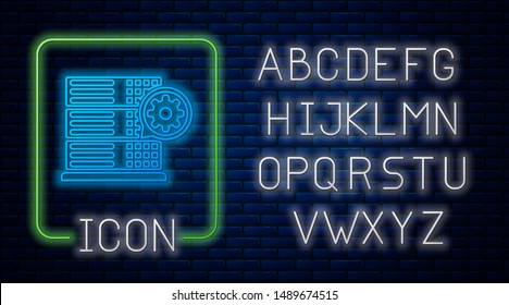 Glowing neon Server and gear icon isolated on brick wall background. Adjusting app, service concept, setting options, maintenance, repair, fixing. Neon light alphabet. Vector Illustration